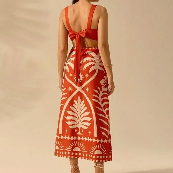 Orange Boho Women's Coconut Print Cropped Cami Top And Fitted Maxi Skirt Set - Picture 2 of 7